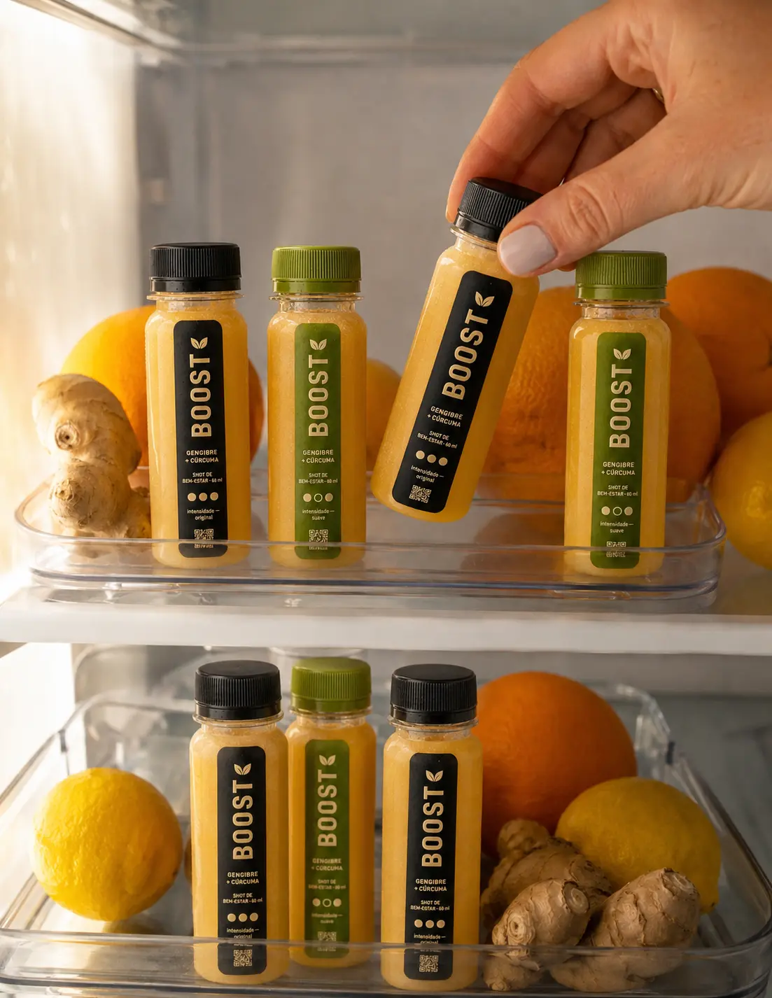 Garrafas Boost Original e Suave organizadas na geladeira com gengibre, limão e laranjas
