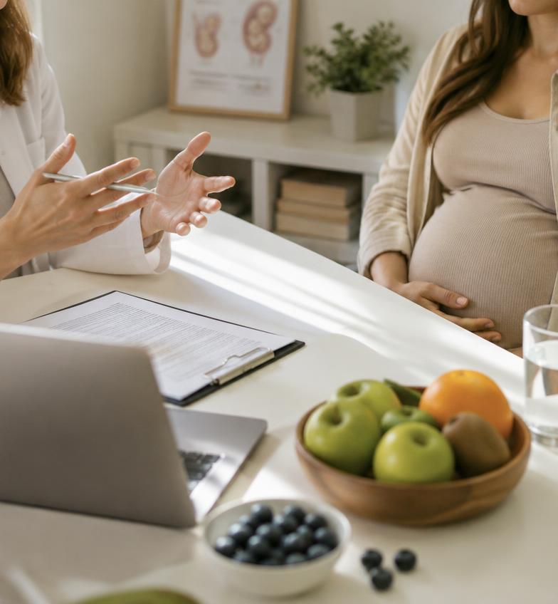 Consulta clínica com gestante e frutas frescas sobre a mesa