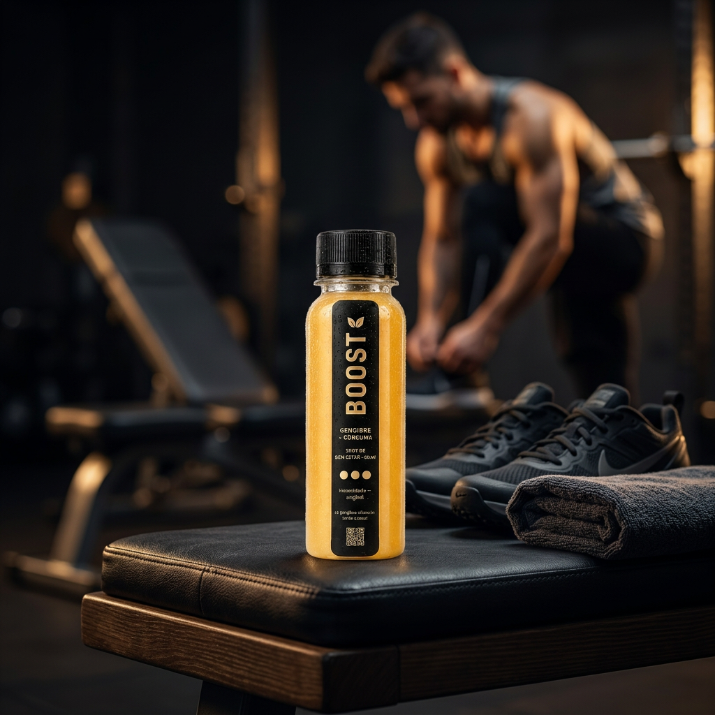 Garrafa de Boost de 60 ml sobre banco de academia, ao lado de tênis e toalha, com atleta se preparando ao fundo