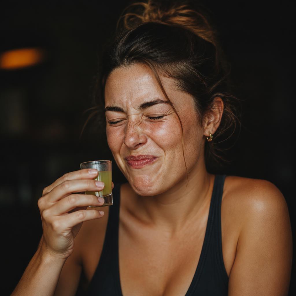 Mulher com expressão de ardido e prazer após tomar um shot de gengibre
