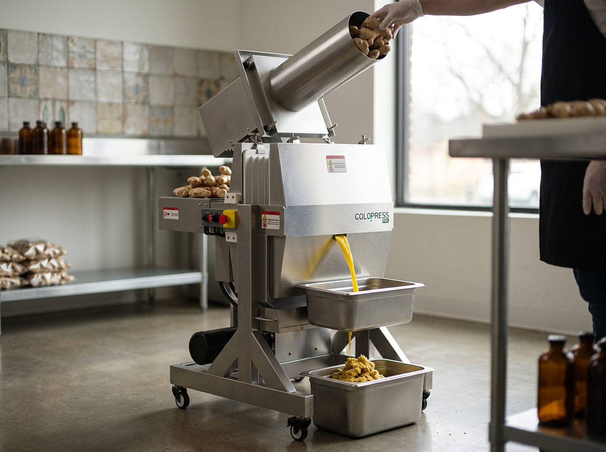 Prensa a frio de aço inox em operação, extraindo suco de gengibre fresco